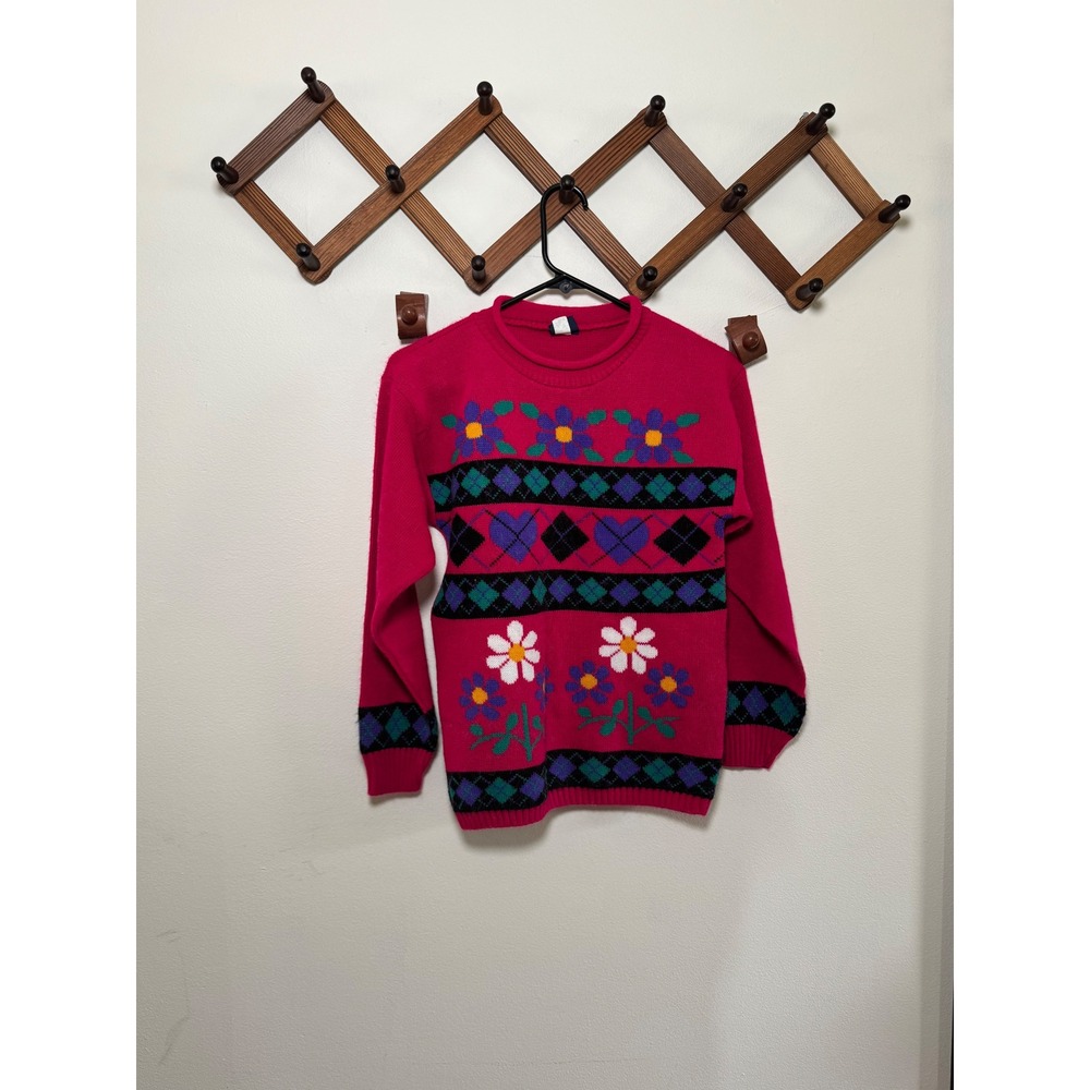 Vintage Honors Pink Floral Heart Argyle Knit Sweater Womens Large 10-12 Crewneck